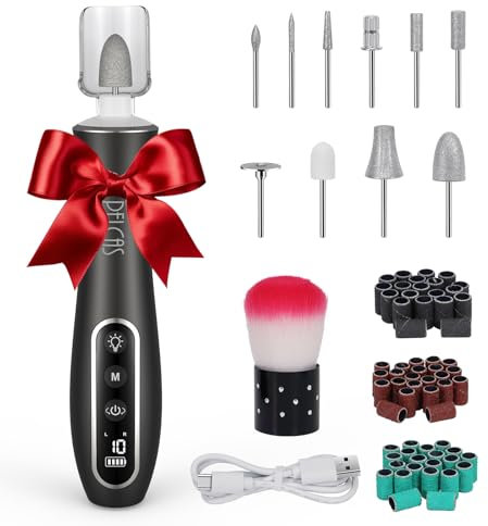 PELCAS Elektrische Nagelfräser 10 Geschwindigkeiten Schnurloser Nagelbohrer Professionell Nagelschleifer mit LCD Bildschirm Tragbar Maniküre Set für Mensch Haustier Dicke Natürliche/Acryl Nägel Grau