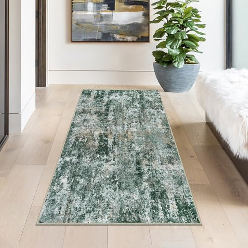 Capslpad Teppich Läufer Flur 80x150cm Grün Abstrakter Waschbar rutschfest Küchenläufer Teppich Modern Minimalistisch Kurzflor Kunstwolle Teppiche für Wohnzimmer Schlafzimmer