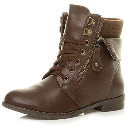AJVANI Womens ladies low heel flat lace up knitted collar cuff zip combat military army ankle boots size.