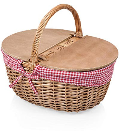 PICNIC TIME Country Picnic Basket, Sturdy Woven Wicker Basket with Customizable Split-lid Design and Removable and Washable Polycotton Vintage-Style Liner, (Red & White Gingham Pattern)