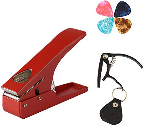 Gitarre Plektrum Set, DIY Pickmaster Plektrum-locher, Kapodaster, Gitarre Plektrum Schlüsselanhänger für Ukulele, Akustikgitarre und E-Gitarre (rot)