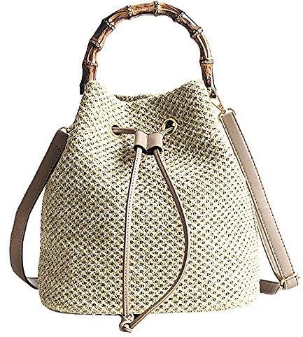 Millya Women's Summer Straw Shoulder Bags Woven Drawstring Beach Top-Handle Bag (03756 Khaki)