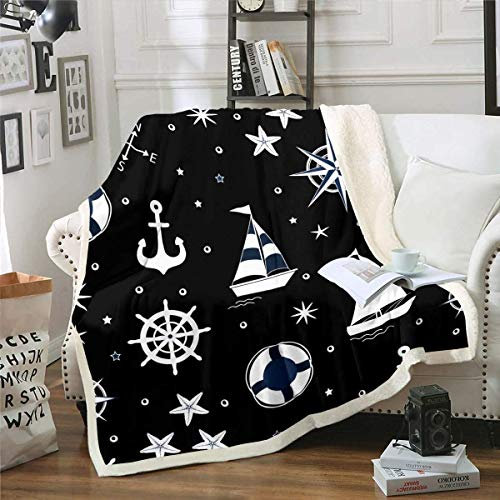 Nautisches Dekor Flanell Fleecedecke Anker Gedruckt Wohndecke für Sofa Couch Segelboot Kompass Kuscheldecke Ozean Seestern Thema Couchdecke Raumdekor Couchdecke 220x240cm