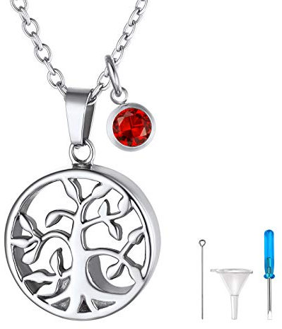 FindChic Collana Ciondolo Urna per Ceneri Personalizzato Collana Cremazione Acciaio Inossidabile Collana Cremazione con Pietra di Nascita Impermeabile Albero Della Vita con Incisione Personalizzata