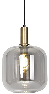 Qazqa - Design Hängelampe I Pendellampe I Pendelleuchte schwarz mit Gold I Messing mit Rauchglas - Zuzanna I Wohnzimmer I Schlafzimmer - Rund - LED geeignet E27
