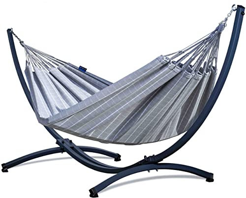 Potenza Outdoor Hängematte mit Gestell Metall für 2 Personen I Catargo - Baumwolle Doppelhängematte XXL 220x160cm, 220kg I Hängemattengestell 220kg, wetterfest (Grau, Basic Gestell Graphit)