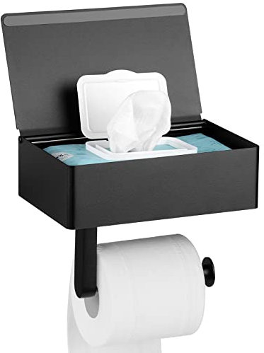 MVKV Toilettenpapierhalter mit Feuchttücherbox, Mattschwarz Klopapierhalter mit Ablage ohne Bohren, Wandmontiert 304 Edelstahl Klorollenhalter WC Papier Halterung mit Aufbewahrung für Badzimmer