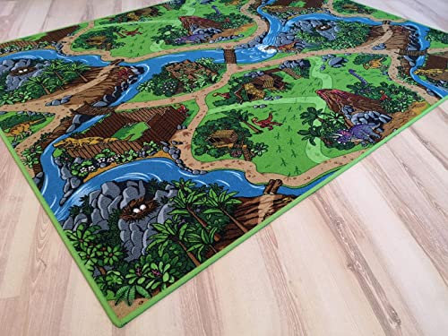Kinderteppich Dino grün bunt Spielteppich Dinosaurier (200 x 400 cm)