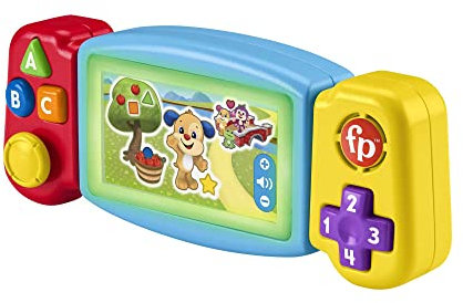 Fisher-Price Rires et Éveil Ma Tourni-Console d’Apprentissages, Version française, Jouet interactif, Console de Jeu Portable factice, Jouet Lumineux et Musical, Jouet Éveil, Dès 9 Mois, HNL50
