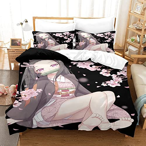 UNDERZY Kimetsu No Yaiba Bettbezug 3 Stück Bettwäsche Nezuko Kamado Bettwäsche Bettbezug Set Microfaser Deckenbezug Mit Reißverschluss Und Kissenbezug Pflegeleicht Double（200x200cm）
