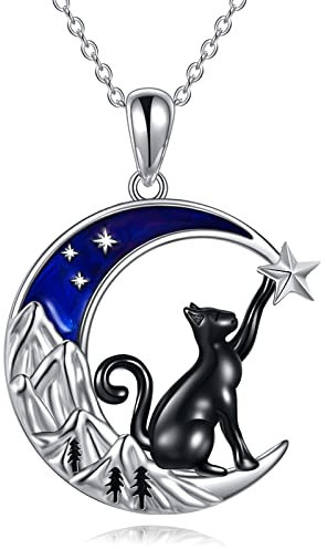 VONALA 925 Sterling Silver Black Cat Moon Pendant Necklace with Blue Mountain Design Birthday gifts for Women Girls