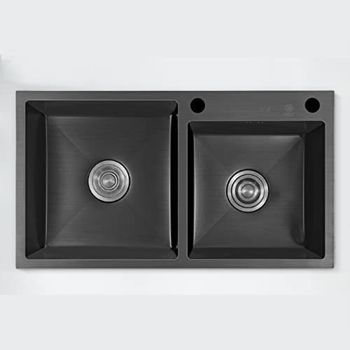 IDEAX Fregadero Cocina 2 Senos Negro, Fregadero Acero Inoxidable con Escurridor Fregadero Bajo Encimera, Fregadero sobre Encimera Ou Empotrado Fregadero Exterior Jardin (Color : A, Size : 72 * 40cm)