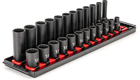 TEKTON 3/8 Inch Drive 12-Point Impact Socket Set with Rails, 24-Piece (8-19 mm) | SID91213