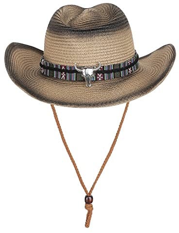 HKSICHENGKEJIUK Adults Unisex Straw Cowboy Hat - Brown+Black, Wide Brim Sun Protection, Foldable, Packable, Lightweight
