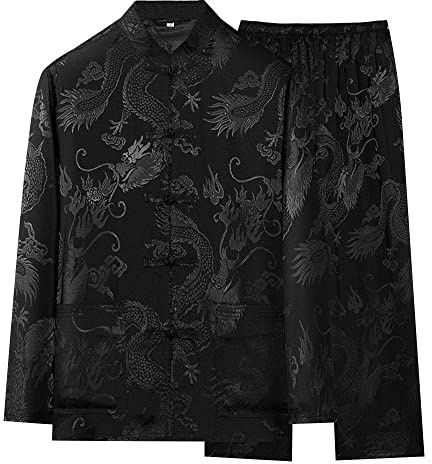 YEMYIQZ Kung Fu Uniform for Men Shirt Suit Chinese Traditional Tang Hanfu Martial Arts Wing Chun Tai Chi Training Cloth Jacket Pants (as1, alpha, l, regular, regular, Black)