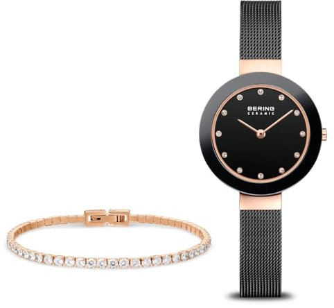 BERING Damen Quarz Uhr | Armbanduhr 29 mm roségoldenes Edelstahlgehäuse und schwarzes Zifferblatt | Milanaisearmband | Saphierglas | 5 ATM | 11429-166-GWP1