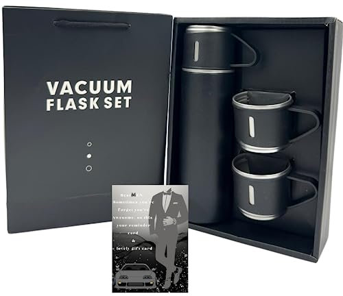 Mens Gift Set Vacuum Insulated Flask 500ml Stainless Steel Thermo Bottle With 2 Plastic Cups For Coffee Water Hot & Cold Drink Flasks With Men Black Cards - Gift Ideas For Men, Dad,Uncle,Father In Law