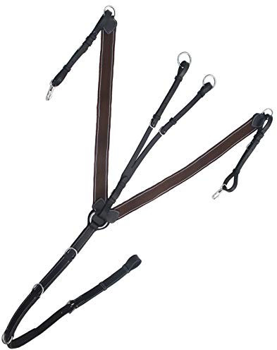 Exion Horse Elastic English Breastplate with Running Martingale Attachment & Quick Release Snaps– Padded Leather Breastplate for Jumping & Eventing– Brown Elastic with White Lines