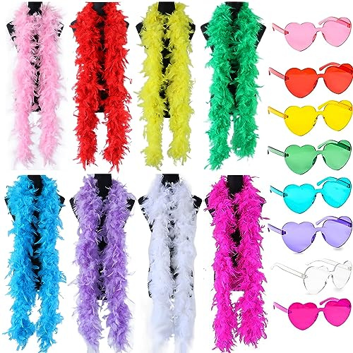 8Pcs Colorful Feather Boas with 8Pcs Heart Rimless Sunglasses，6.6ft/2m Chandelle Turkey Feather Boa for Women for Dancing Wedding Party Halloween