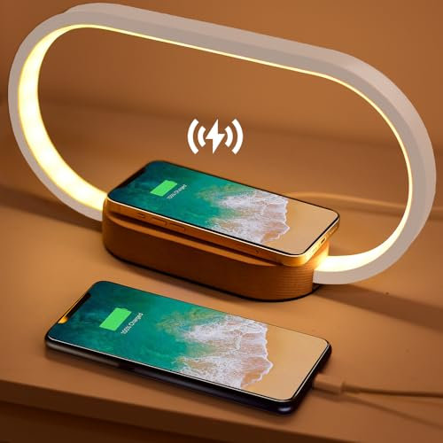 Nachttischlampe mit Ladefunktion, Nachttischlampe Touch Dimmbar mit USB-Aufladung, 10W Wireless Charger, 3 Farbmodi, Tischlampe Kabellos für Schlafzimmer Wohnzimmer Büro, Holz&Weiß