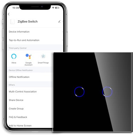 CNBINGO ZigBee WLAN Smart Lichtschalter, ZigBee Hub Erforderlich, Arbeit mit Alexa, Google Assistant, Berührungsschalter mit Glas Wandplatte, Ohne Neutralleiter, 2 Fach, Schwarz