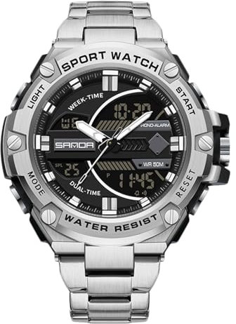 rorios Herren Elektronische Dual Display Uhr 5ATM wasserdichte Armbanduhr Digital Analog Quarz Uhren Multifunktional Militär Herrenuhren Edelstahl Armband Schwarz Silber B
