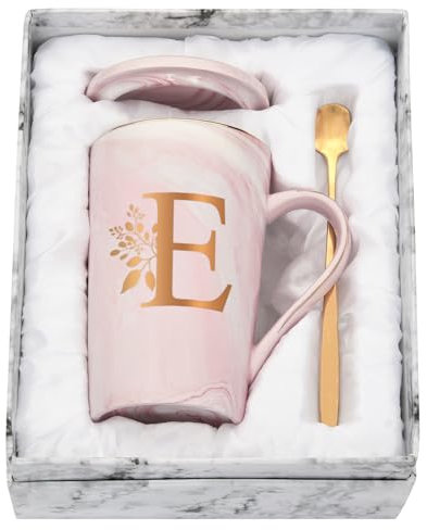 Joymaking Personalisierte Tasse mit Buchstaben Kaffeetasse mit Blumen Motiv, Namen Initiale persönliche Geschenke Kaffeetasse für Frauen Freundin, E - 400ml Rosa