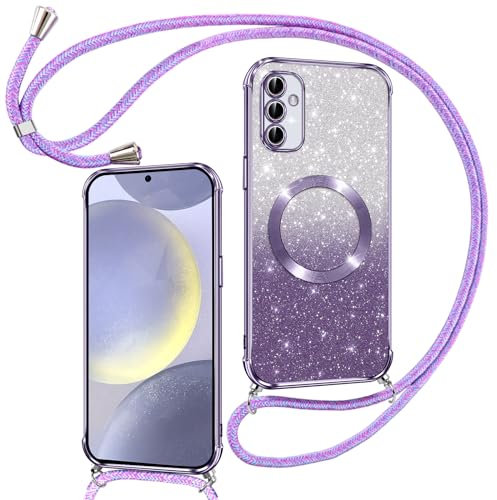 Phoona Couqe Magnétique pour Samsung Galaxy S24 5G Con Cordon, Compatible avec MagSafe, Brillant Glitter Pailleté Antichoc Durable Résistante Etui pour Samsung S24 Bumper, Violet