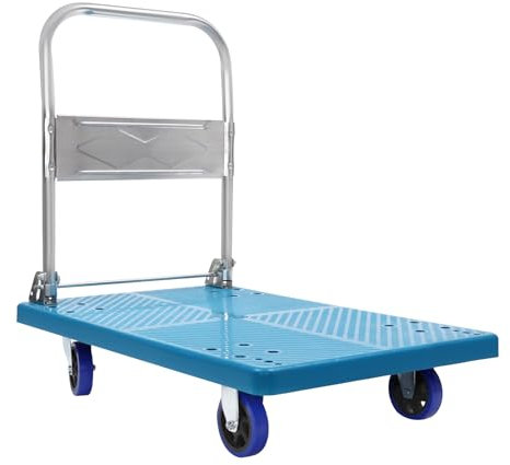 WOLEGM Plattformwagen Klappbar, 300 kg Kapazität, Gepäckwagen mit 4 Rädern, Tragbarer Rollwagen Klappbar für Gepäck, persönlich, Reisen, Umzug und Büro (300kg-Blau)
