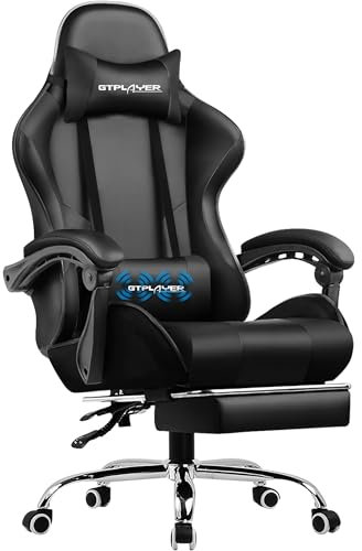 GTPLAYER Gaming Chair, Massage Ergonomic Computer Chair with Footrest and Lumbar Support Height Adjustable with 360°-Swivel Seat and Headrest for Office Black