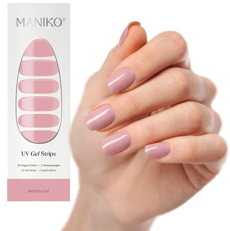 Maniko UV Gel Strips Birthday Suit Nude – 20 UV Nagelsticker, 2 Anwendungen | UV Nagellack zum Kleben, selbstklebende Nagelfolie für natürliche Nägel, vegan & langanhaltend – Geschenk zu Geburtstag