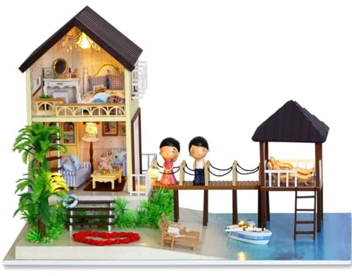 Habarri Miniatur Haus – DIY Set mit Liebe zum Detail – Bezauberndes 3D Modell mit LED – Puppenhaus 1:24 für Kinder & Erwachsene – Geburtstagsgeschenk für kreative Köpfe – Villa auf den Malediven