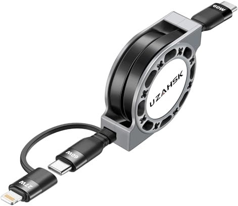 Multi Charging Cable, 2 in 1 Retractable Lightning Charger Cable, PD 60W/27W Fast Charging&Data Transfer Cable, with iOS/Type C Port,Support Car Play/iPhone15/14/13/12/11/Pad/Laptop. (Black)