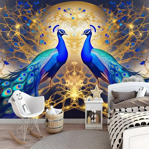 Non-Woven Photo Wallpaper - Blue Peacock - Mural Wallpaper Wall Mural Golden Tree of Life 150 x 105 cm Photo Wallpaper Wall-Art Wallpaper murals Children's Room Home Poster Decoration