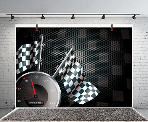 Xiaoterna 2,2x1,5m Toile de Fond Course de Vitesse Fond Photographique de Course Automobile Toile de Fond Ligne d'arrivée Piste de Course Drapeau à Damier Décoration de fête d'anniversaire
