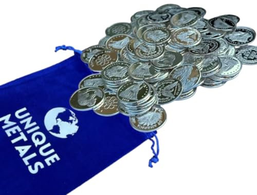 Unique Metals Packung mit fünfzig (50) 1 Gramm .999 reinen Silbermünzen mit zufälligen Designs in einem Schmuckbeutel, hergestellt in den USA