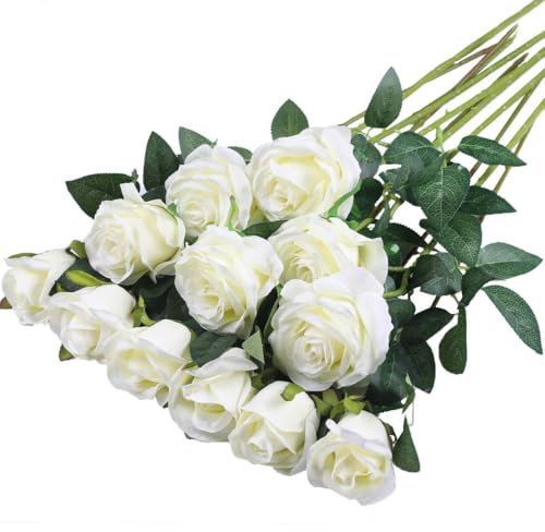 XoeLLe 12 Pièces Rose Artificielle, 52 cm Fleurs Artificielles Deco, Rose Eternelle, Réalistes Fleur Sechees Decoration, Decoration Voiture Mariage, pour Mariage, Maison, Bouquets de Mariée (Blanc)