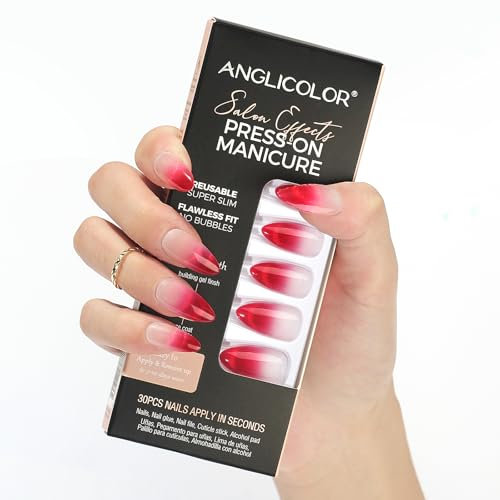 Anglicolor Press On Nails,Press-On-Nägel mit French Tip, Press-On-Nägel kurz, kurze Mandelnägel, 30 Stück weiche Gel-Kunstnägel in 15 Größen (A107, 30 Stück)