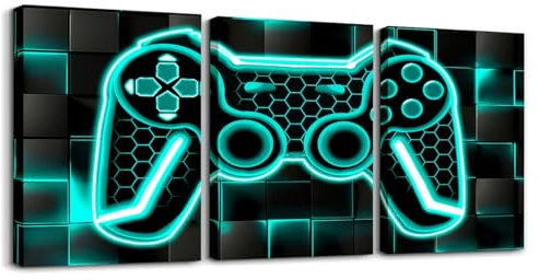 Loussiesd Gamer 3er Poster Set für Wohnzimmer Teal Blau und Schwarz Bild Leinwandbilder Gaming Ombre Büro Wandbilder Geometrische Quadrat Deko Bilder