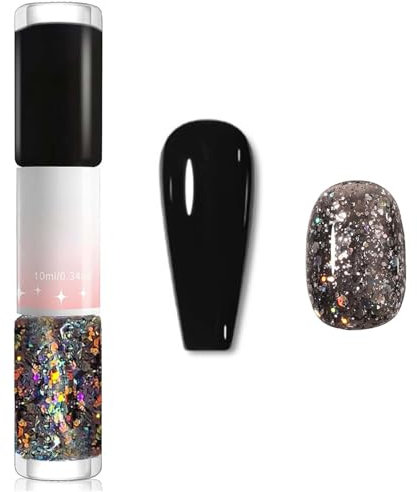 Flashy Black Nail Polish Set - Double-Head, Quick Dry, No-Bake Formula for Long-Lasting & Shiny Nails - DIY Manicure at Home - Black & Starry Flash Shades