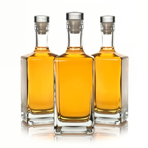 gouveo Lot de 3 bouteilles en verre de 500 ml cristal avec bouchon en verre – Bouteilles design en verre – Bouteilles design en verre – Décanteur carré pour liqueur, whisky, cognac, rhum (CFET500GK)