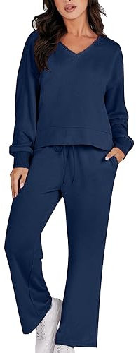 OBiQuzz Set da donna in due pezzi, con scollo a V, in tinta unita, da jogging, da casa, da allenamento, da yoga, da corsa, a maniche lunghe, abbigliamento sportivo casual, Marine36, L