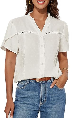 GRACE KARIN Ladies Button-Up Henley Shirt Swiss-Dot V-Neck Short Sleeve Dressy Tops Blouse Office Wear White M