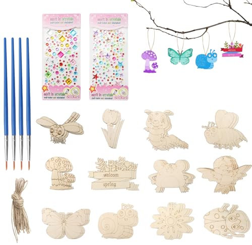 DAWRIS 36 Stück Holzanhänger Bastelset Kinder Holzfiguren Basteln & Diy Kindergeburtstag zum Bemalen & Aufhängen DIY Schmetterling und Blumen Basteln mit Aquarellstift Strass