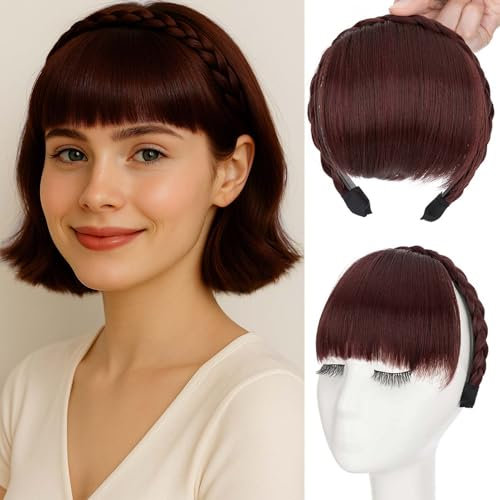 S-noilite Stirnband mit Pony Fransen, Front Haar Pony Perücken Stirnbands, Synthetische geflochtene Haarverlängerungen Haarteil,Weinrot-Mix