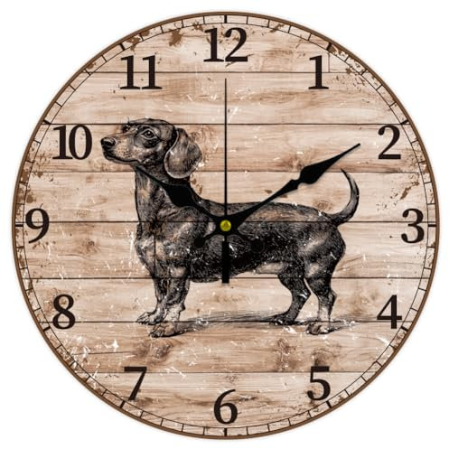 CHGCRAFT 12 Zoll Würstchen Hund Wanduhr Muster im Vintage Stil Batteriebetriebene Wanduhr Stille Nicht Tickende Runde Dekorative Uhr für Büro Haus Küche Dekor