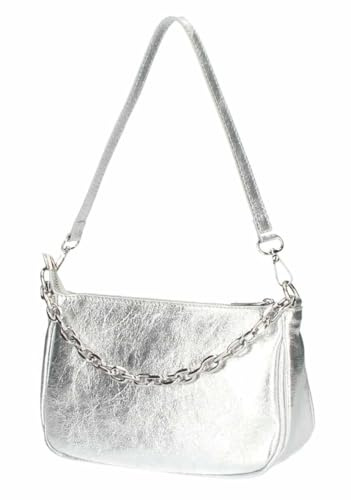 Made in Italy Damen Leder Tasche Pochette mit Kette Schultertasche Handtasche City Bag Umhängetasche Clutch Ledertasche Bodybag Schmucktasche Crossbody Cross-Over Silber