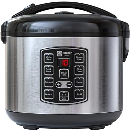 KitchenLove Reiskocher mit Dampfgarer 1,2L, Electric Rice Cooker Stainless Steel, Elektrisch & Digitaler Dampfkocher mit Innentopf Für 2-5 Personen, Reistopf mit Timer, Reiskochtopf Edelstahl Schwarz