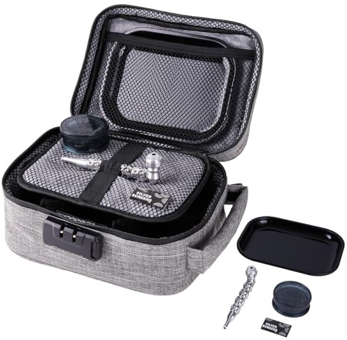 LIVBTS Smell Proof Bag with Lock – Odor Proof Case with Activated Carbon Lining, 6 Dividers, Rolling Tray, Grinder and Metal Pipe – Storage Pouch for Herbs, Food, Smoking Accessories