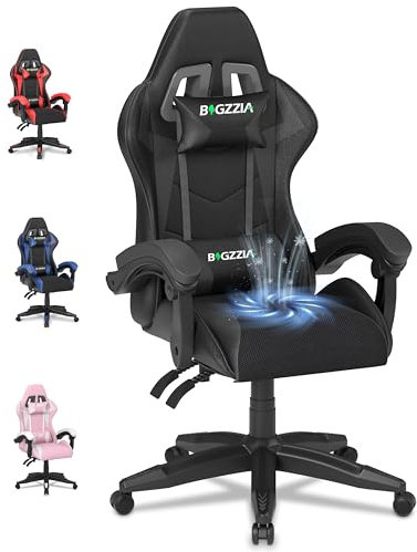 bigzzia Gaming Stuhl Mit Lüfter, Atmungsaktiver Gaming Chair mit Lendenkissen und Kopfstütze, Gamer Stuhl Höhenverstellbar Mit Sitzbelüftung, Pc Stuhl für Erwachsene Mädchen Junge Schwarz